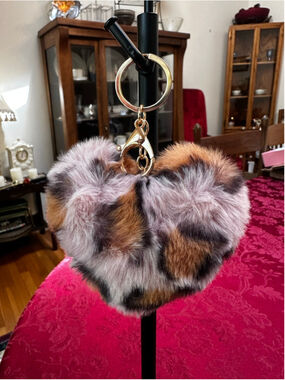 Unbranded Brown & Pink Fluffy Heart Keychain